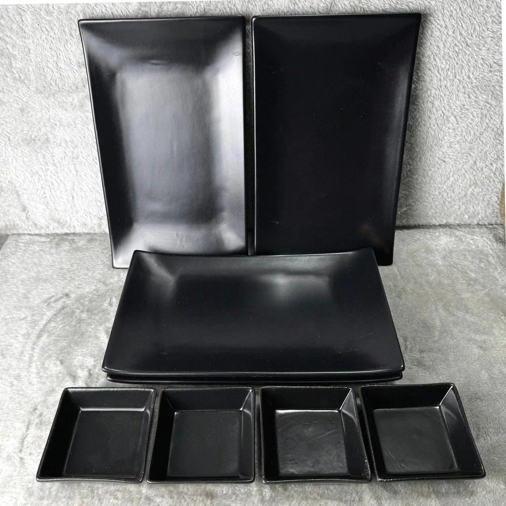 World Market Sushi Matte Black Ceramic Rectangular Plates Set 4 Dipping Bowls